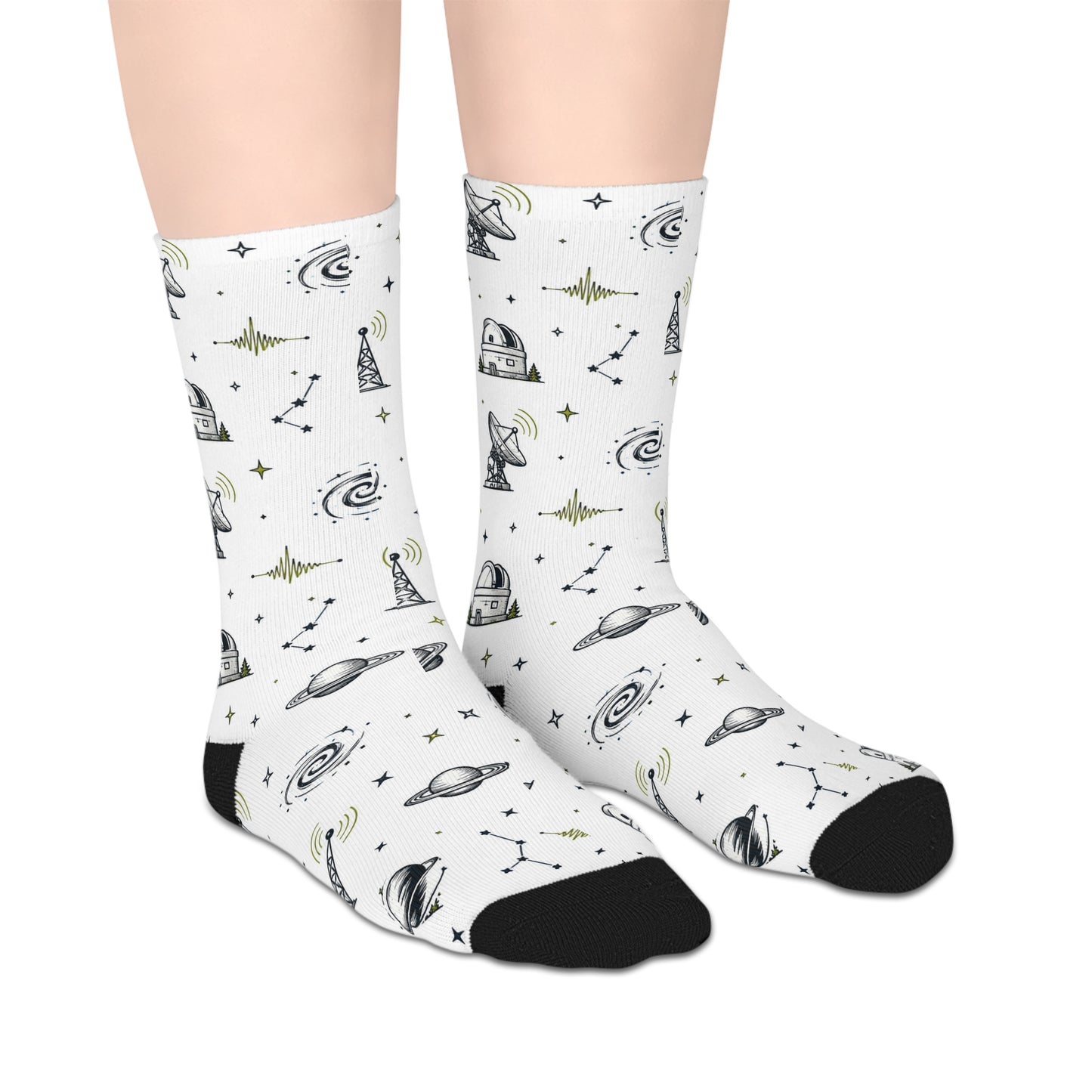 Space Signal Mid‑Crew Socks — Astronaut, Telescope & Rocket Pattern