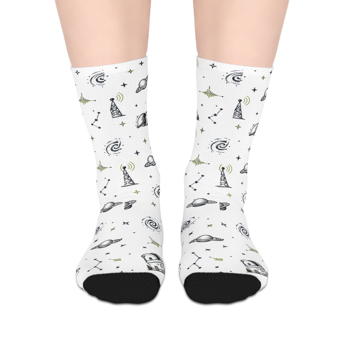 Space Signal Mid‑Crew Socks — Astronaut, Telescope & Rocket Pattern