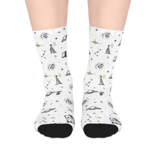 Space Signal Mid‑Crew Socks — Astronaut, Telescope & Rocket Pattern