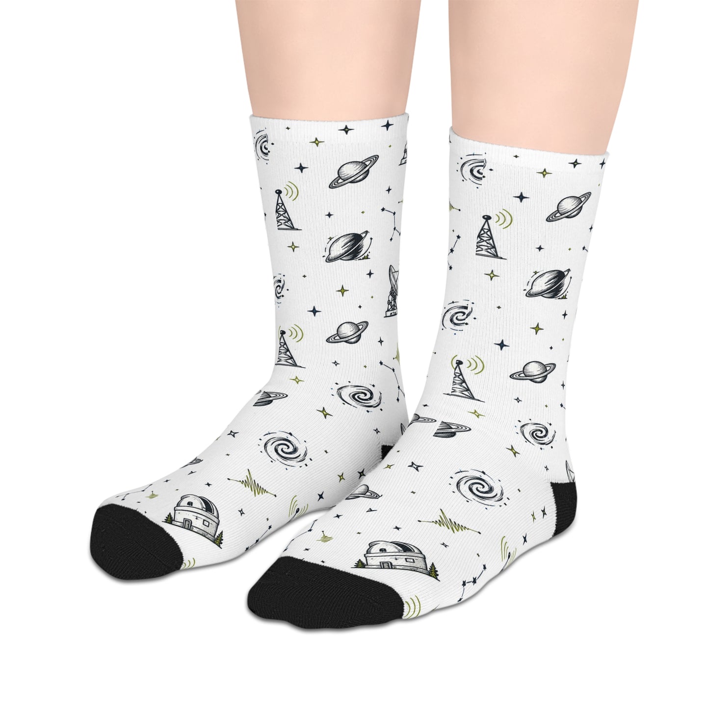 Space Signal Mid‑Crew Socks — Astronaut, Telescope & Rocket Pattern